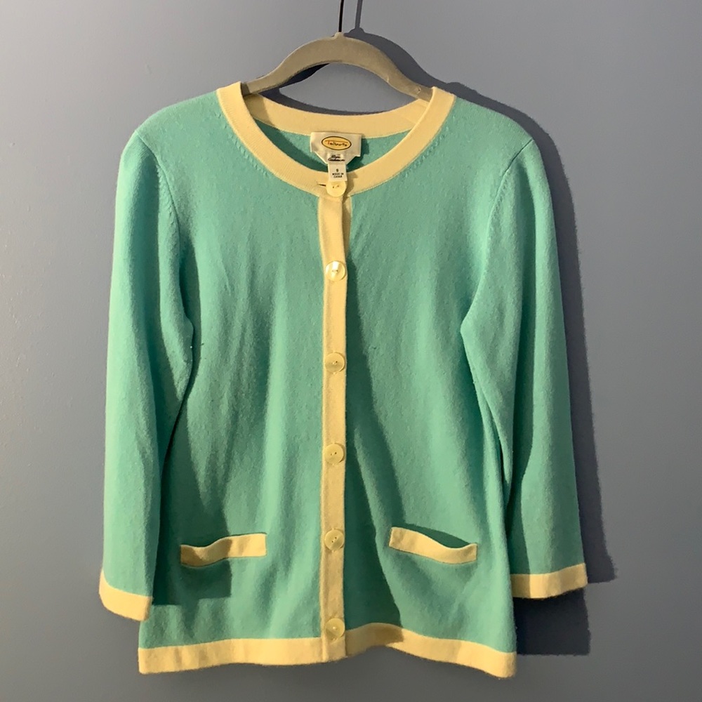 Talbots Pure Cashmere Teal and White Cadrigan